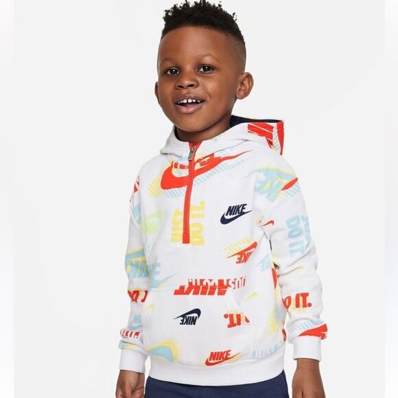 Nike Boys Active "Just Do It" LS Pullover Hooded 1/4 Zip Sweatshirt White - Picture 8 of 15